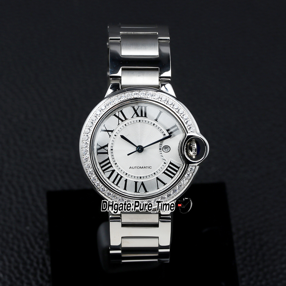 New 42mm E9009Z3 A2813 Automatic Mens Watch White Dial Roman Markers Diamond Bezel Stainless Steel Bracelet Gents Sport Watches PureTime Z11B