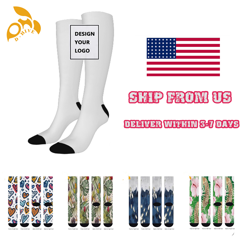 Free delivery.Fashion designer customizes lightweight high-quality full-width printed white and black socks of 44 centimeters