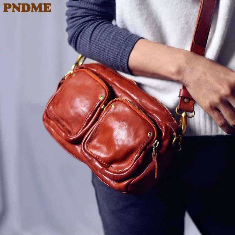 Vintage Natural Genuine Leather Women's Multi-Pocket Crossbody Casual Outdoor Real Cowhide Female Shoulder Bag