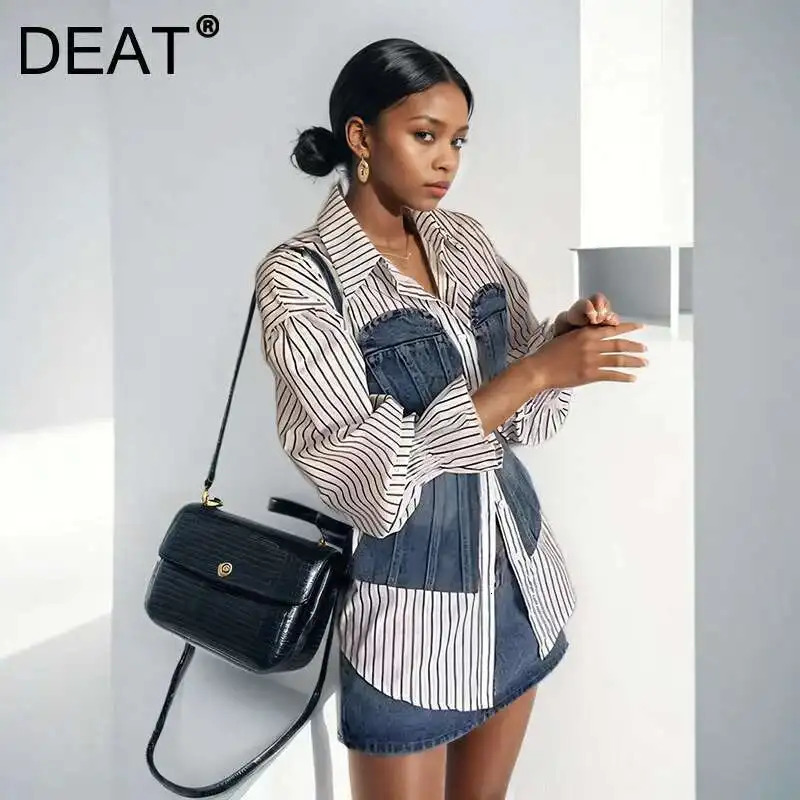 DEAT 2025 Spring Fashion Womens Stripe Shirt Denim Spliced Single Breasted Waist Retraction Patchwork Slim Blouse CPG1315 250523