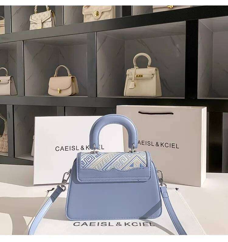 Blue Color Fashion Embroidery Square High Quality Textured Leather Clutch Purse Women Handbag Shoulder Crossbody Bag