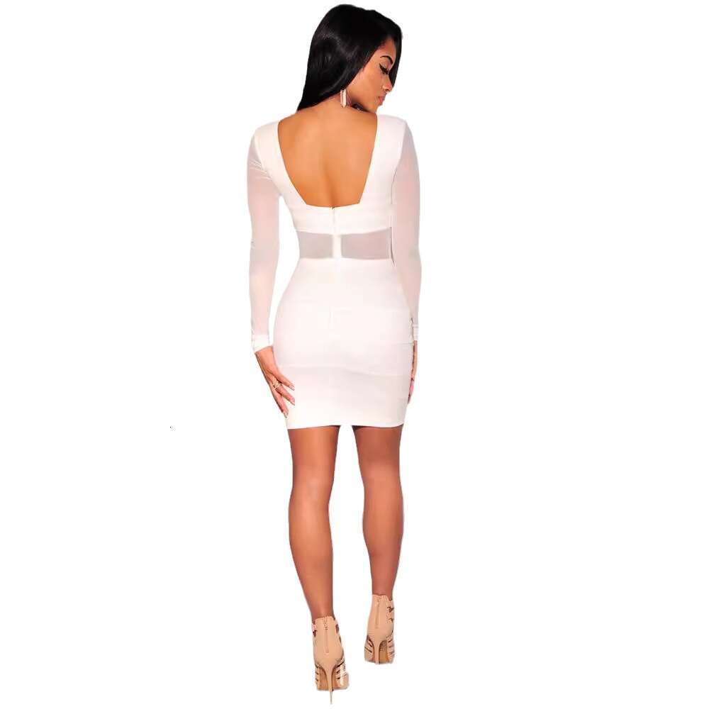 New Women's Fashion Mesh Backless Striped Patchwork Sexy Slim Fit Long Sleeve Round Neck Dress