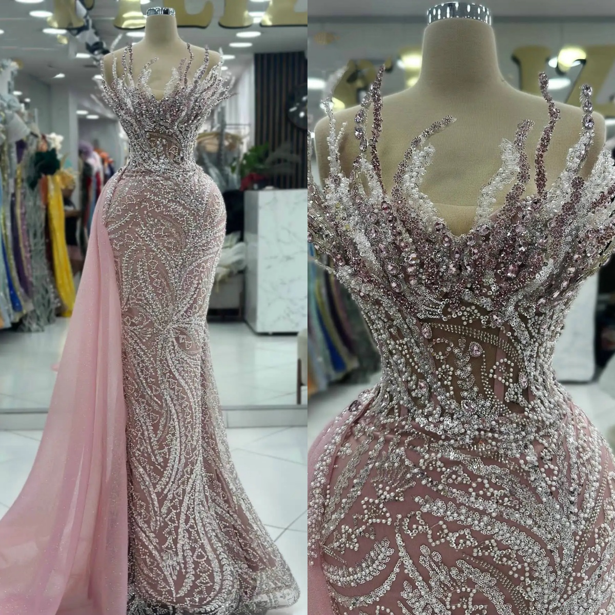 Illusion Evening Dresses For Women Strapless Sleeveless Gown Beaded Sequins Beaded Sweep Train Dress Party Customized Dress