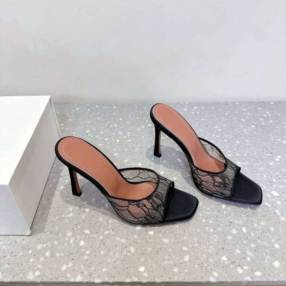 Hot Square Peep Sales High Heels Slippers Toe Runway Party Shoes Woman Summer Slides Mesh Lace Heeled Sandals Women