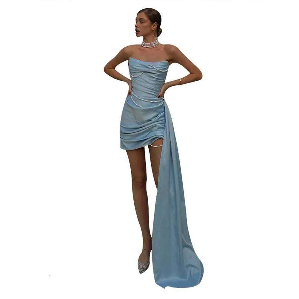 Pleated Pearl Chain Strapless Dress Waist Cinching Sexy Trailing Silk Satin Temperament Women Short Dresses Party Evening Gown