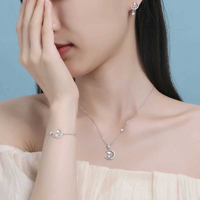 NEW European S925 Sterling silver AAA CZ Moon Stars Cat Bracelet Chain For Women Men Birthday Party Gift Jewelry W250526