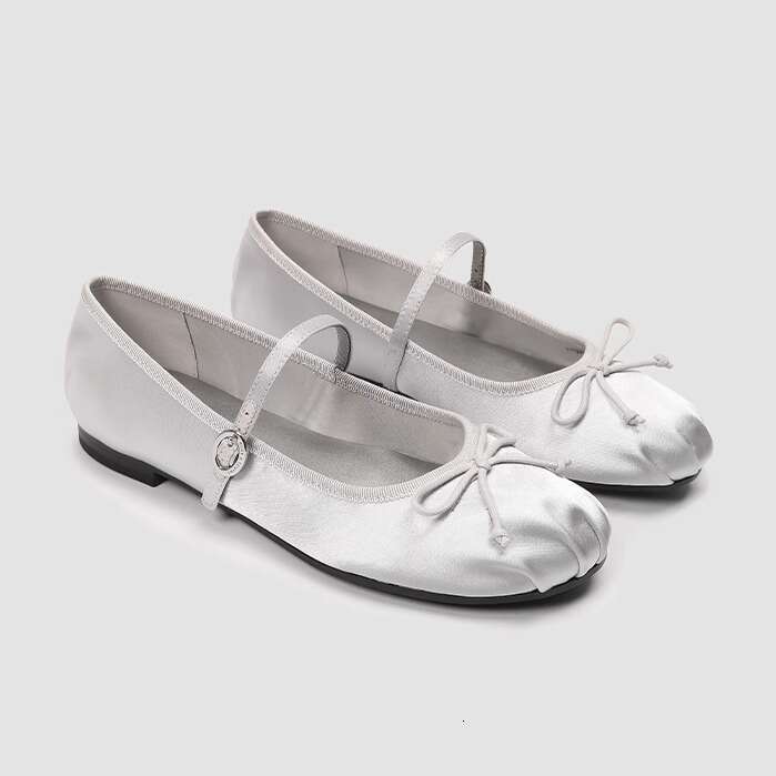 French Mary Jane for Women with Bowknot Fairy Style Slip-On Flat Ballet Genuine Leather Silver Single Shoes