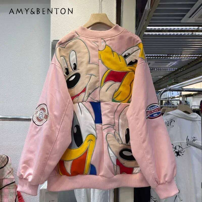 Chic Design Sense Long-Sleeved Jackets Cute Sweet Cartoon Casual Versatile Loose Thickened Coat Zipper Chaquetas 2025 Winter New