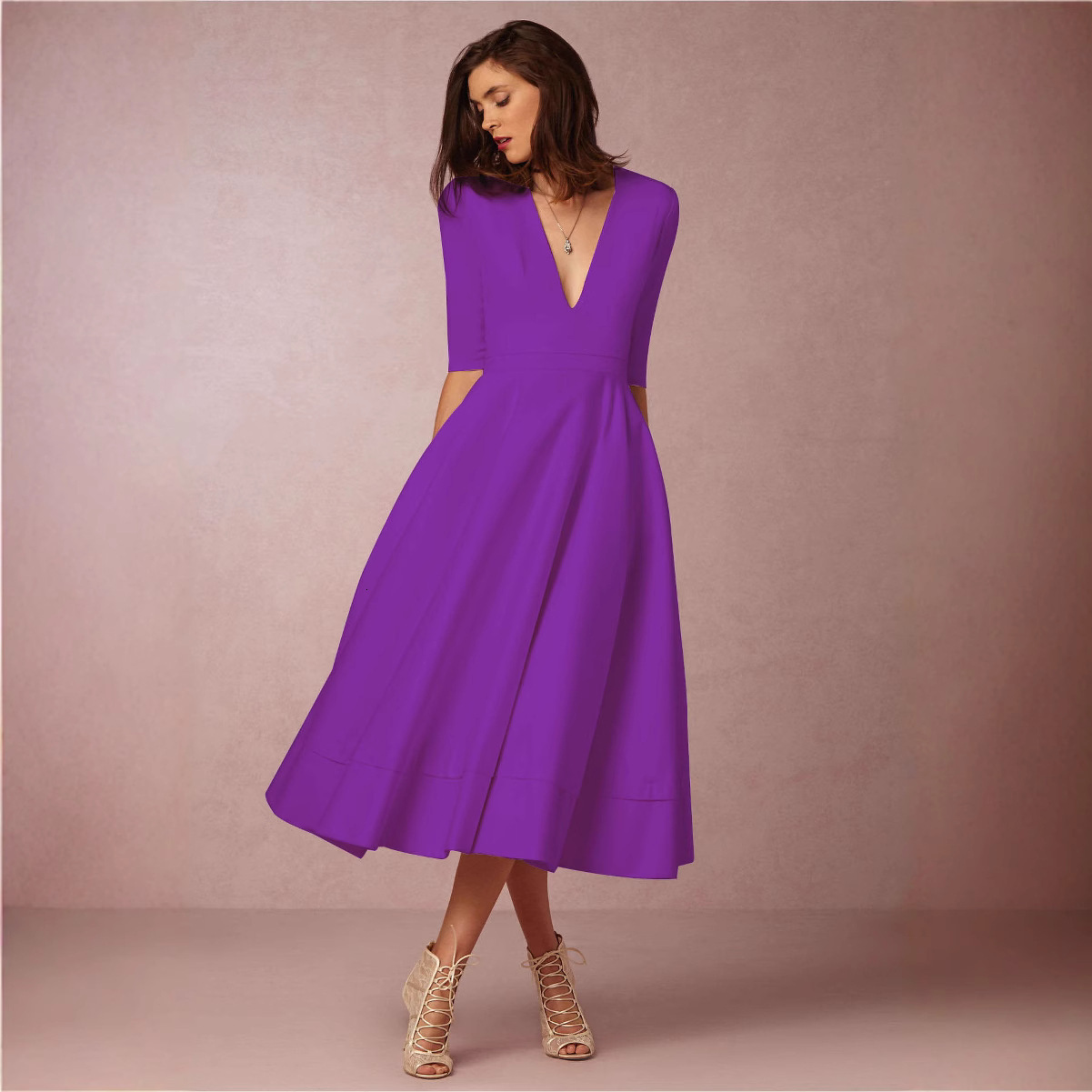 Spring and summer new sexy deep V-sleeve dress mid length dress