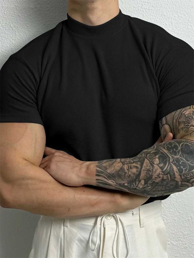 Spring Summer Fashion Mens T-shirt Small High Collar Stripe Shirt Short Sleeve Fitness Top Leisure Sport T-shirt Men Sportswear Z250527