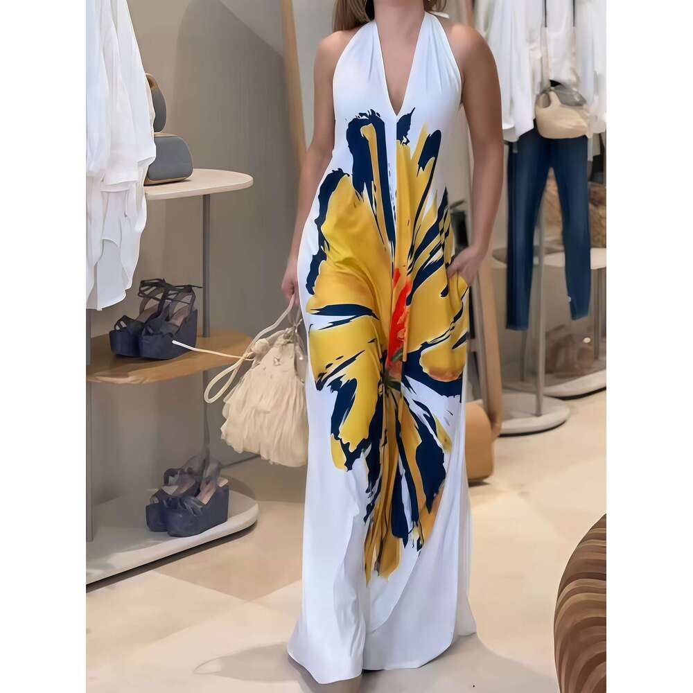 2025 Halter Neck Tie Sunflower Print Maxi Dress
