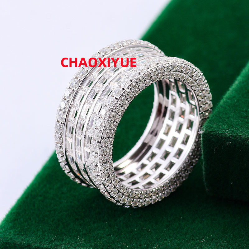 925Silver Men Moissanite Band With D Color VVS Three Rows Stone Ice Out Round Brilliant Cut Loose Diamond Hip Hop Ring Custom