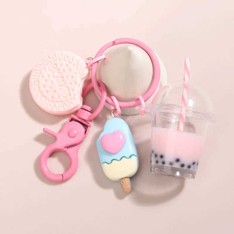 Cute Keychains Ice-cream Bubble Tea Biscuit Pink Key Rings Friendship For Best Friend Women Girl Handbag Gift Jewelry W250526
