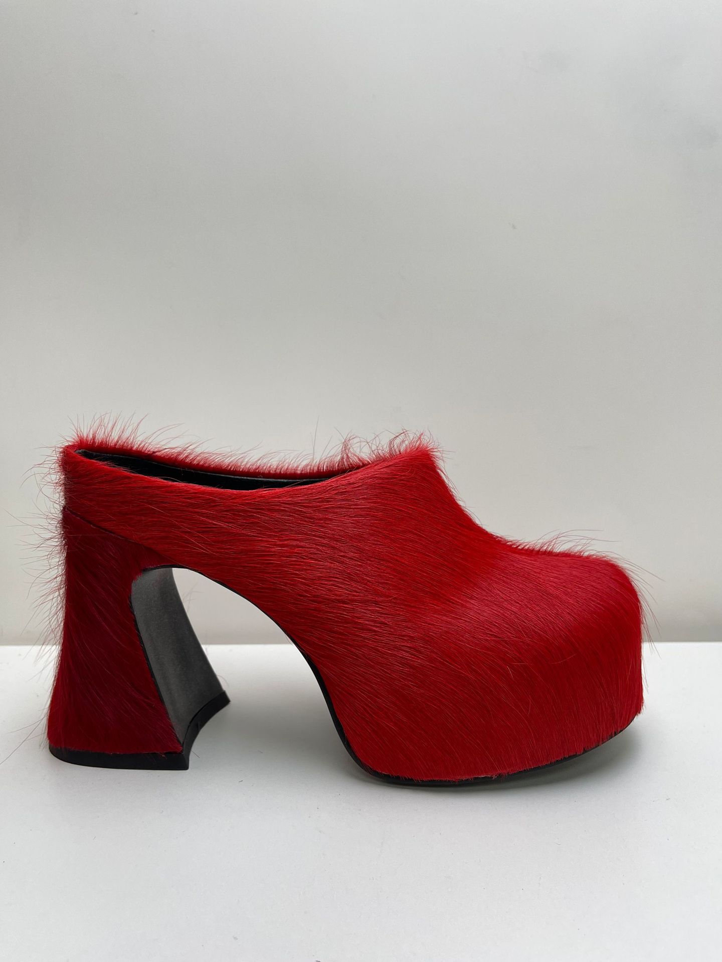 Rose Red Round Toe Horse Hair Hoof Heel Slippers Thick Bottom High Heel Platform Trendy Women's Shoes Spring Mules Large Size