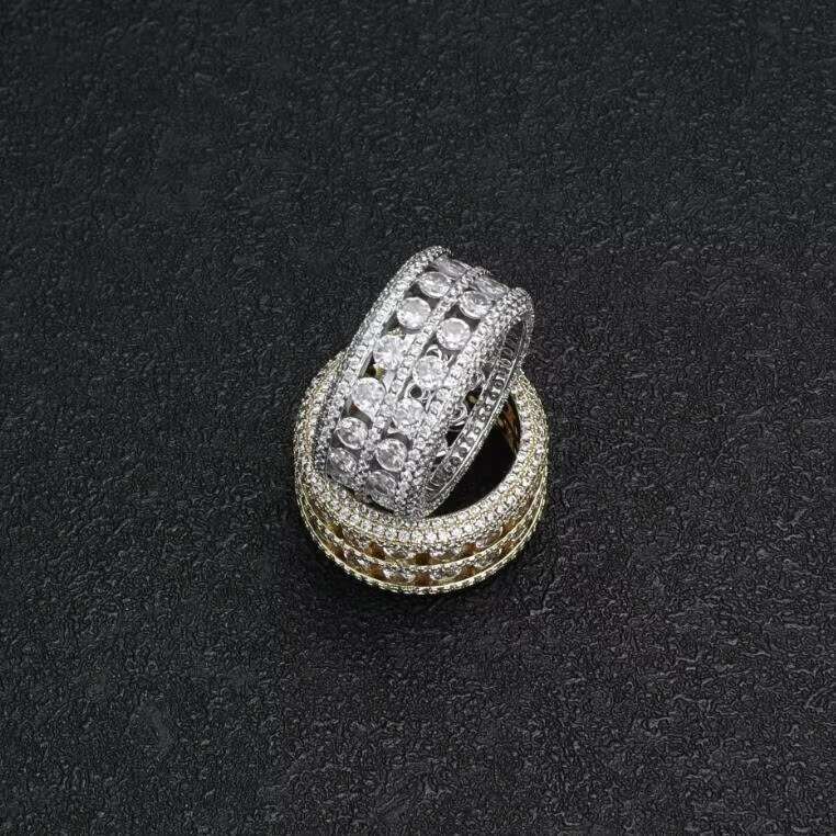 Hip Hop 18K Gold Plated Iced Out Mens Ring Moissanite Set in S925 Silver with Diamond for Wedding Engagement Gift