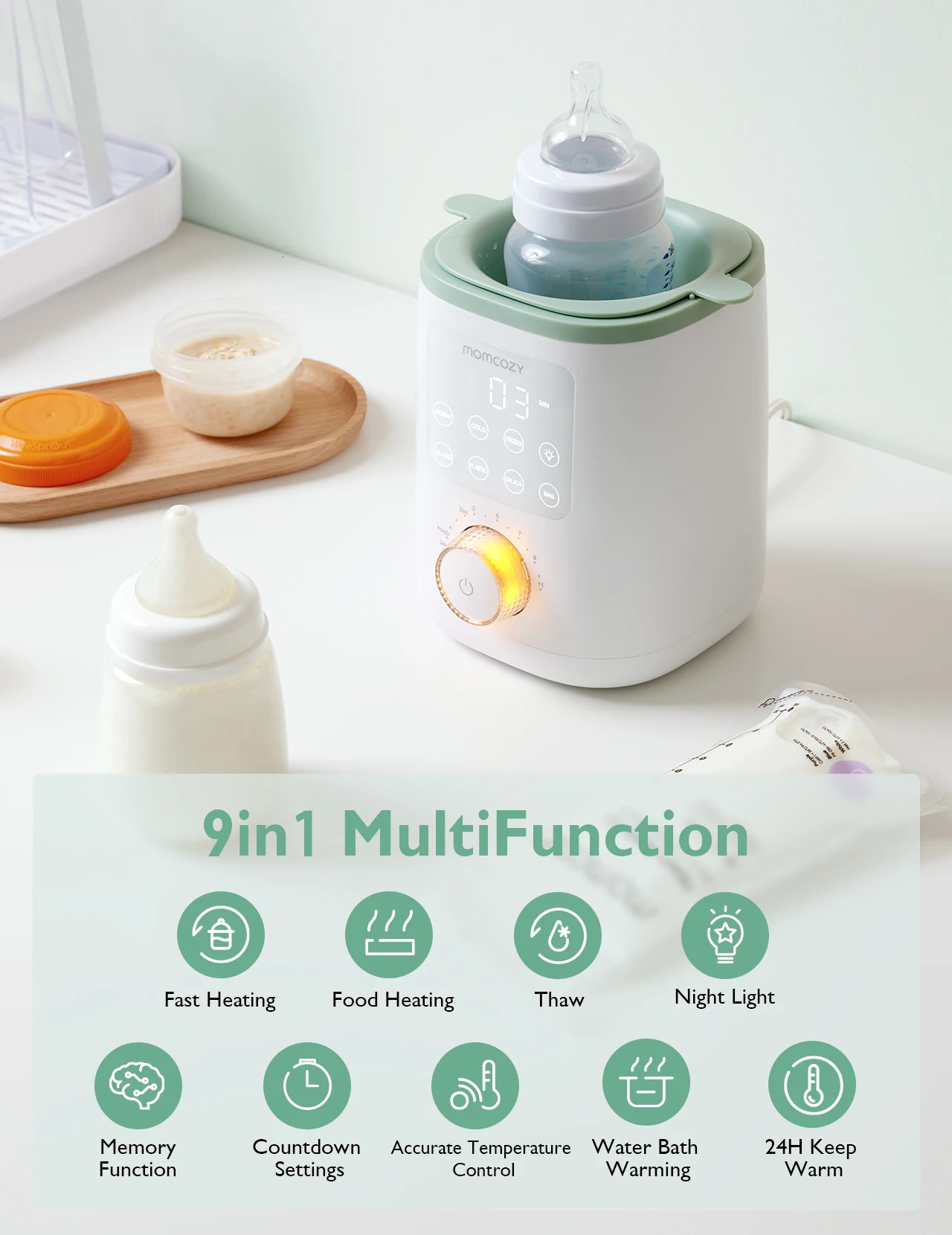 Momcozy 9 in 1 Bottle Warmer with Night Light Accurate Temperature Control Retains Nutrients Breast Milk for All Bottles 250527