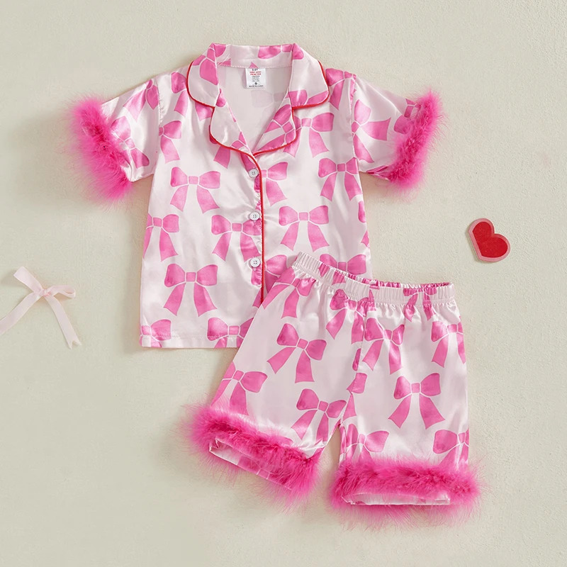 Childrens Girls Pajama Set Lobster Polka Dot Print Short Sleeve Top with Elastic Waist Shorts Sleepwear for Kids 250527