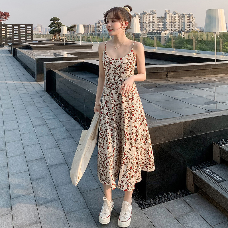 Floral camisole dress for women, cinched waist for slimming in summer, fresh and fresh new style long skirt for women