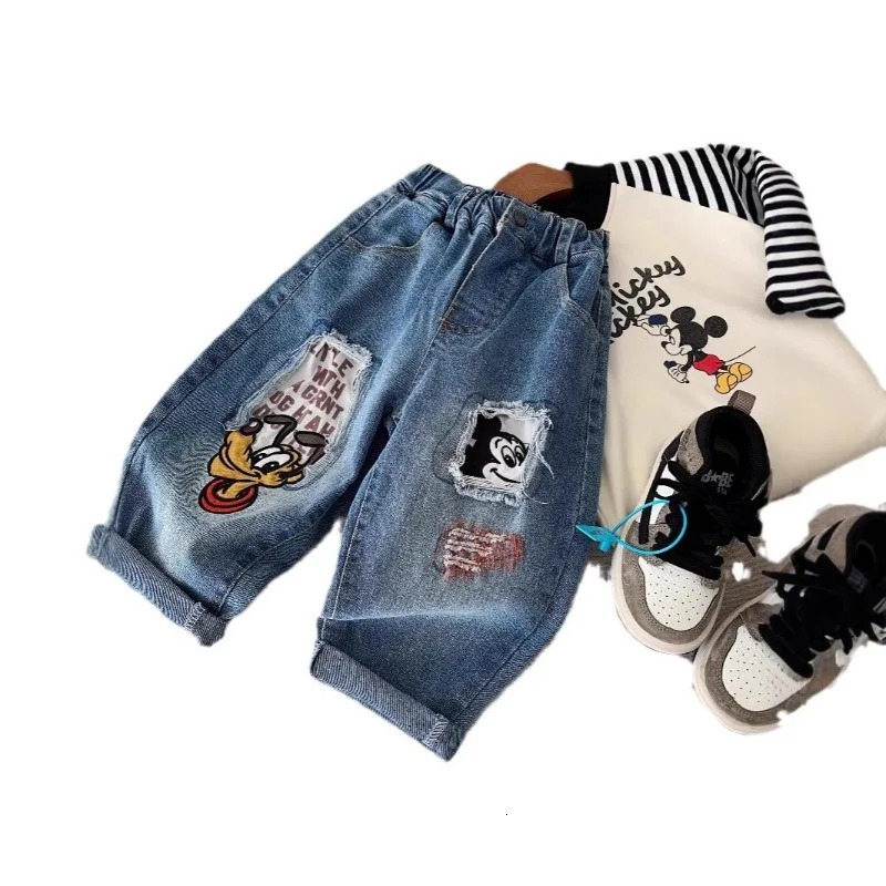 Children Ripped Jean Spring Autumn Boy Girl Elastic Waist Cartoon Denim Pants Kids Straight Leg Trousers D2501 250527