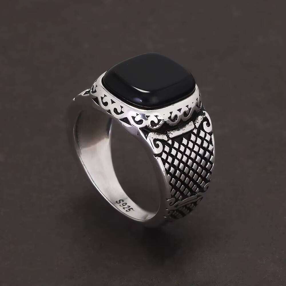 Sterling Sier Black Onyx Stone Signet Ring for Men Vintage Retro Pattern Turkish Pinky Rings Punk Rock Trendy Jewelry