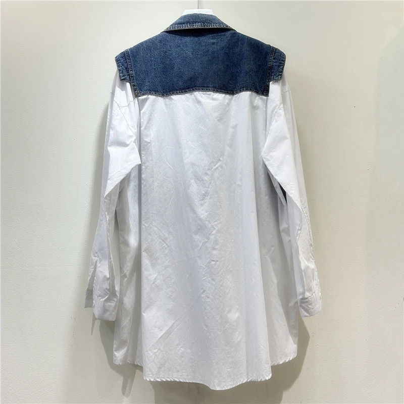 DEAT 2025 Spring Fashion Fake Two Piece Denim Patchwork Single Breasted Blouse For Women Lapel Trendy Shirts Female 29L9481 250523