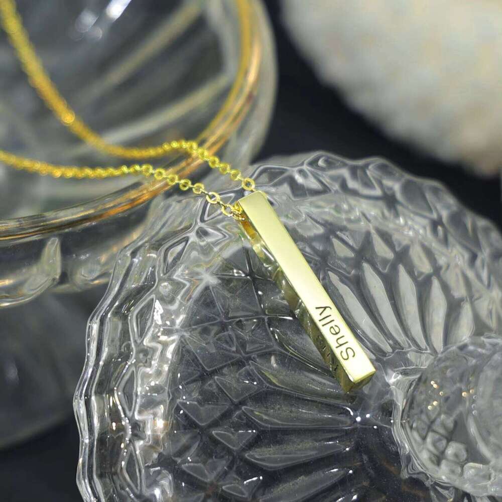 Vertical Personalized Engraved Name Fashion Jewelry Gold Plated Stainless Steel 3D Bar Necklace Wholesale