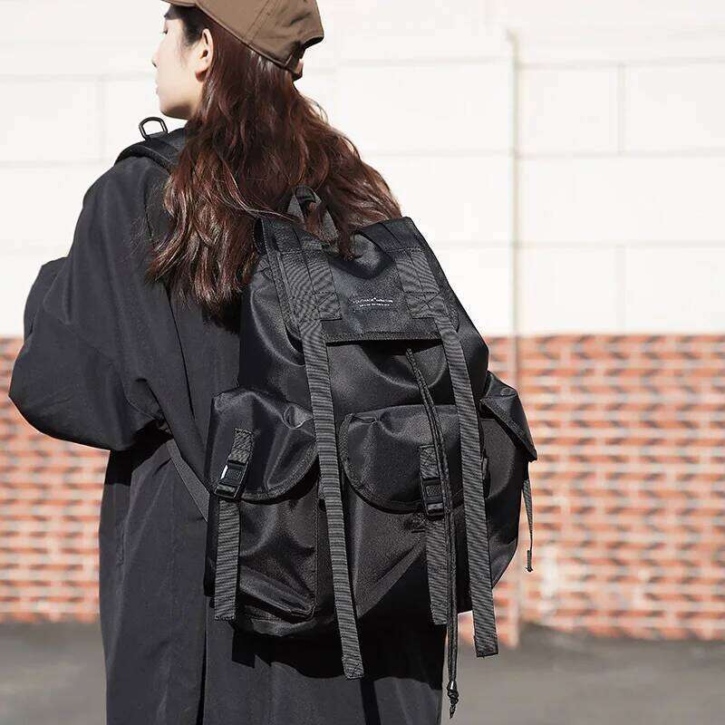 Tactical Techwear Hip Hop Backpack Men Women Outdoor Casual Motorcycle Waterproof Ribbons Drawstring School Bags Mochila