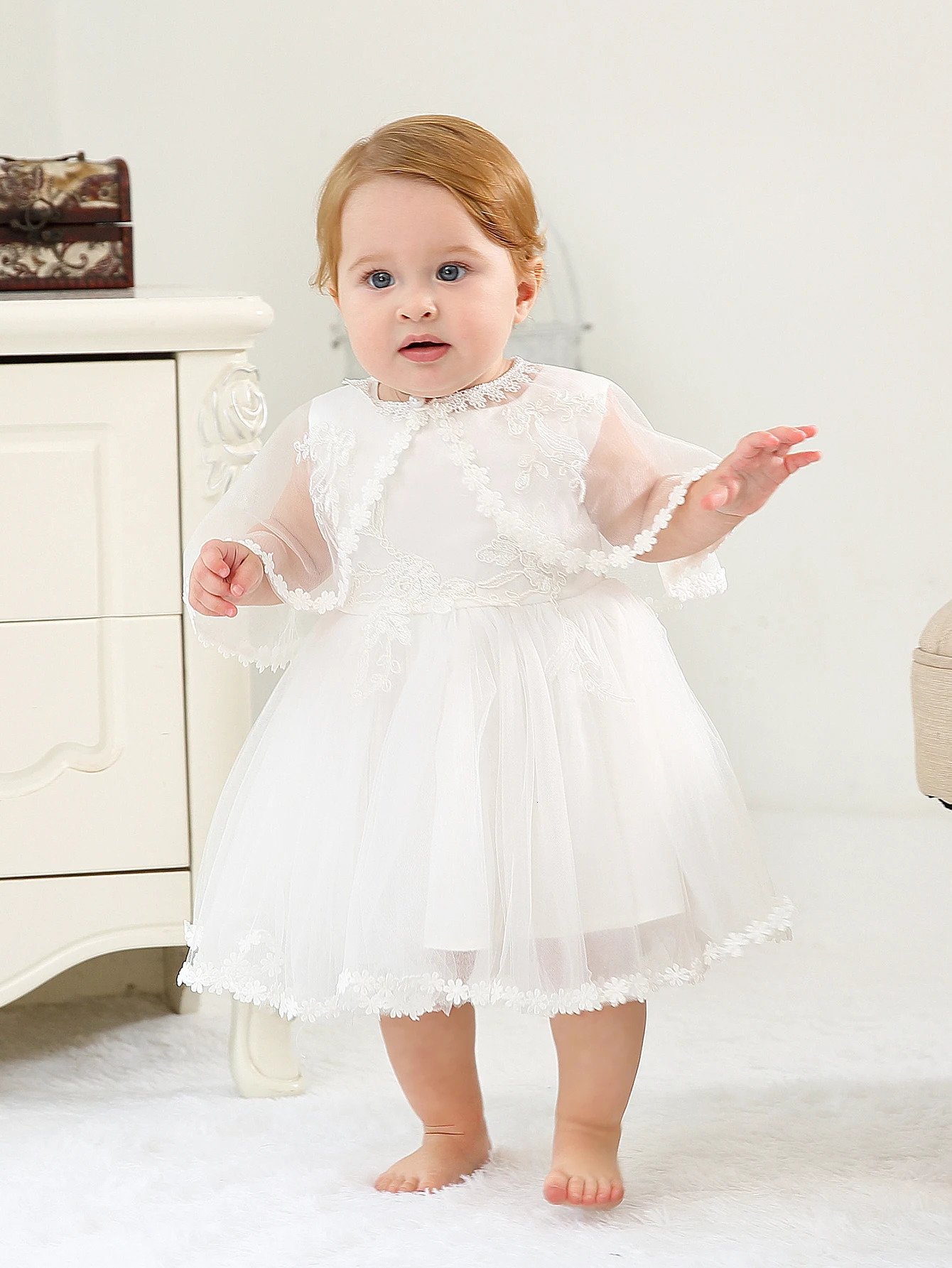 Sleeveless Hood Cloak Soft Satin Floral Embroidered Lace Wedding Party Princess Baby Dress Set 250527