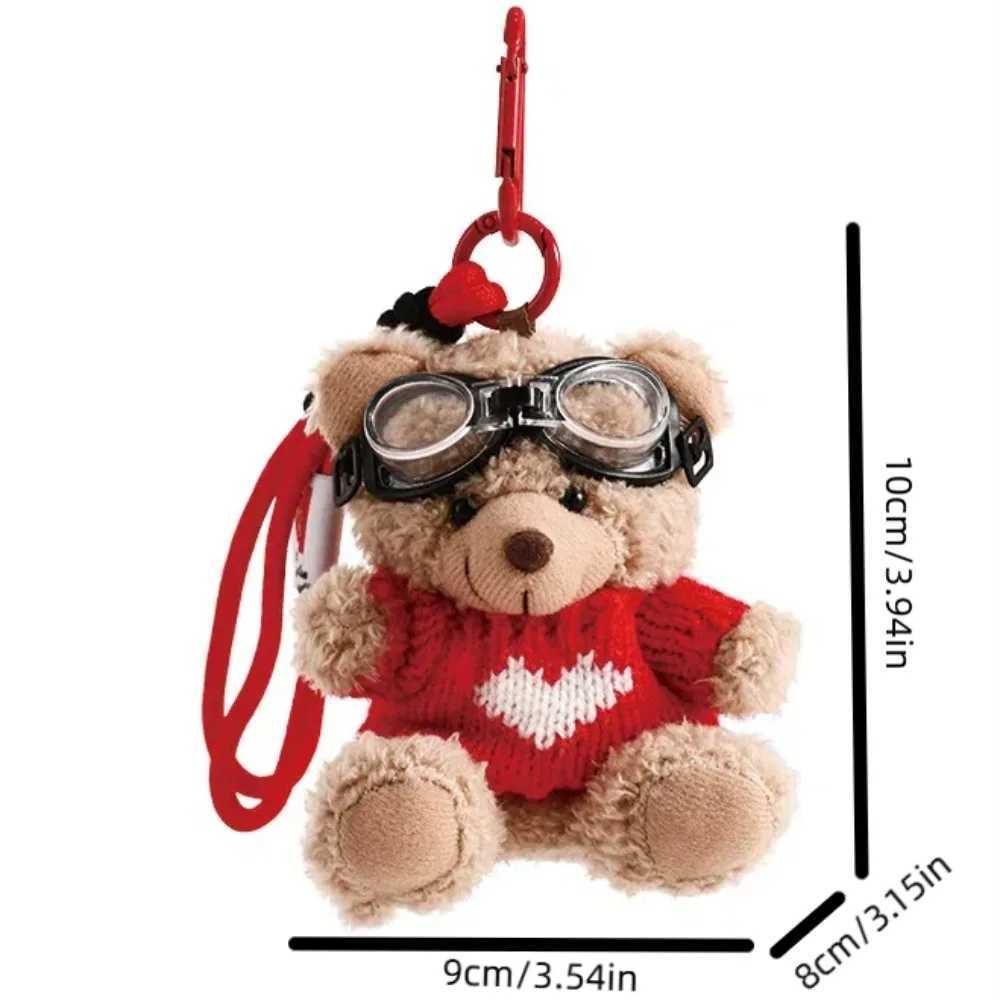 Kawaii Goggles Pilot Bear Keychain Bell Pearl Plush Bear Key Ring Heart Pink Stuffed Animal Pendant Women W250526