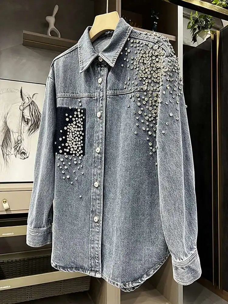 DEAT Womens Denim Shirt Patchwork Single Pocket Panelled Loose Long Sleeve Diamonds Blouse 2025 Summer Fashion 29L2946 250523