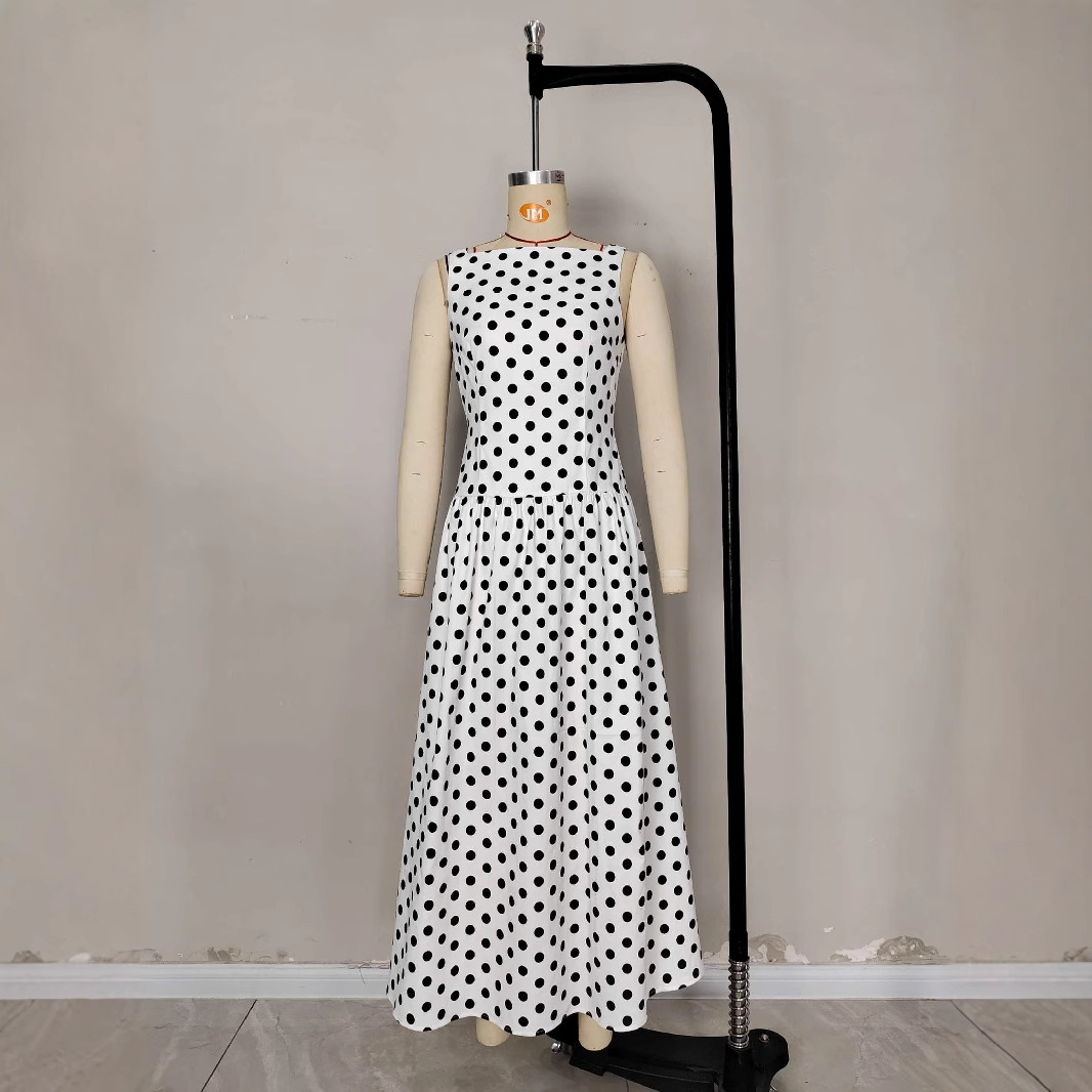 European style retro sleeveless polka dot long dress, elegant women's dress, spring and summer new styles