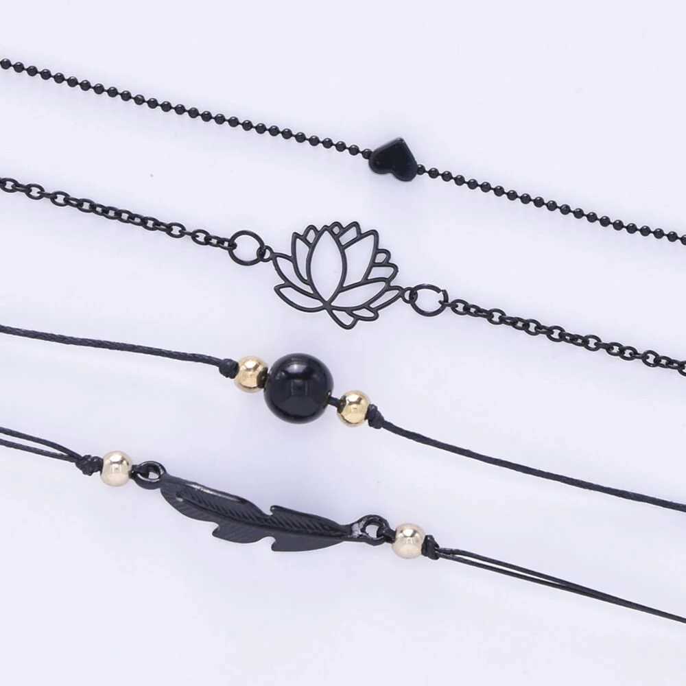 SUMENG 2024 New Fashion 4PCs Gothic Black Feather Lotus Bracelets Set Heart Charm Boho Bangles For Women Wrist Chain W250526