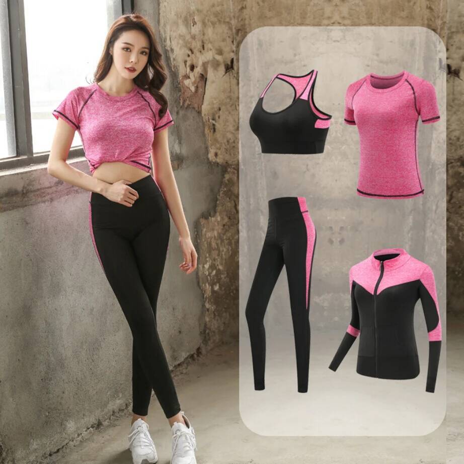 Quick dry women sportswear set fiess gym yoga clothing suit sets coat+bra+t shirt+leggings 2019 workout running training