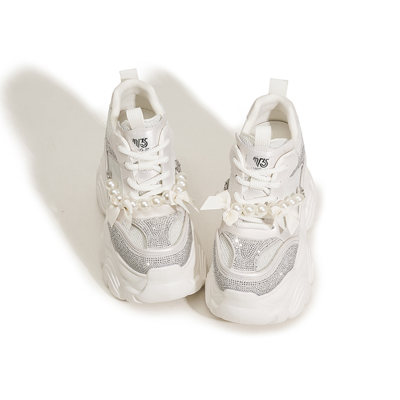 Designer Thick-Soled Insole Height-Increasing Dad Shoes for Women, New Spring Water Diamond Breathable Single Shoes Versatile and Casual Shoes for Sma