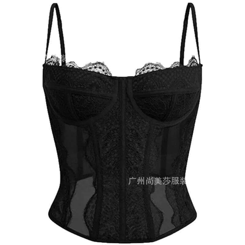 Lace Patchwork Sexy Camisole with Chest Pads for Women, Slimming Hollow Out Backless Wearable Fishbone Shapewear
