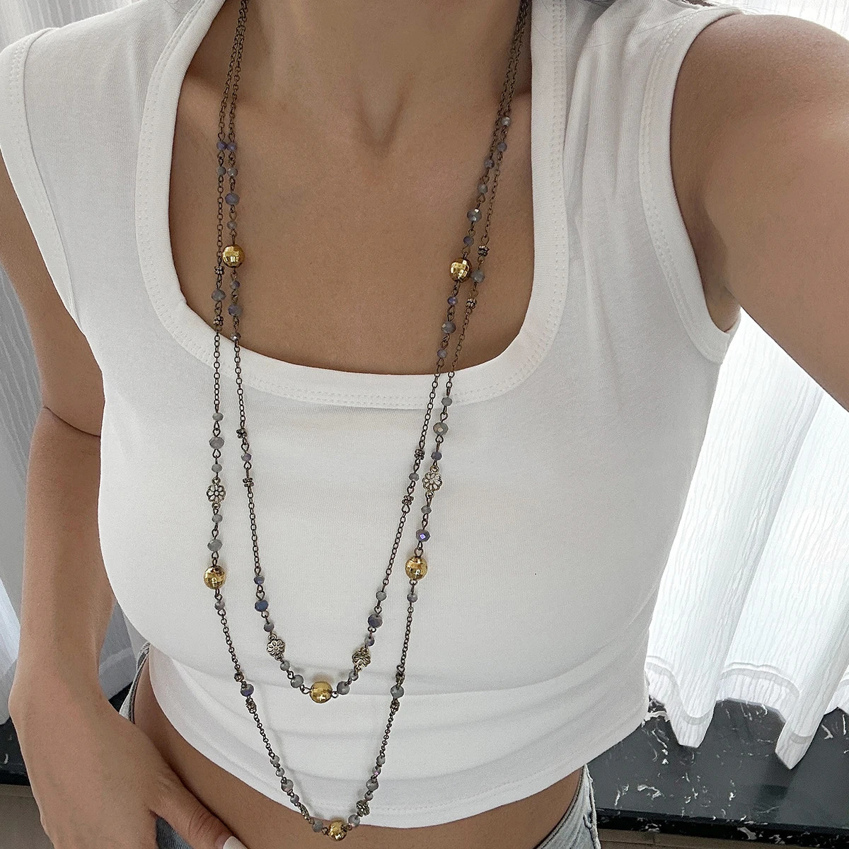 Ingemark 2Pcs/Set Temperament Pearl Long Chain Necklace for Women Fashion Statement Goth Sweather Link Neck Jewelry 250522