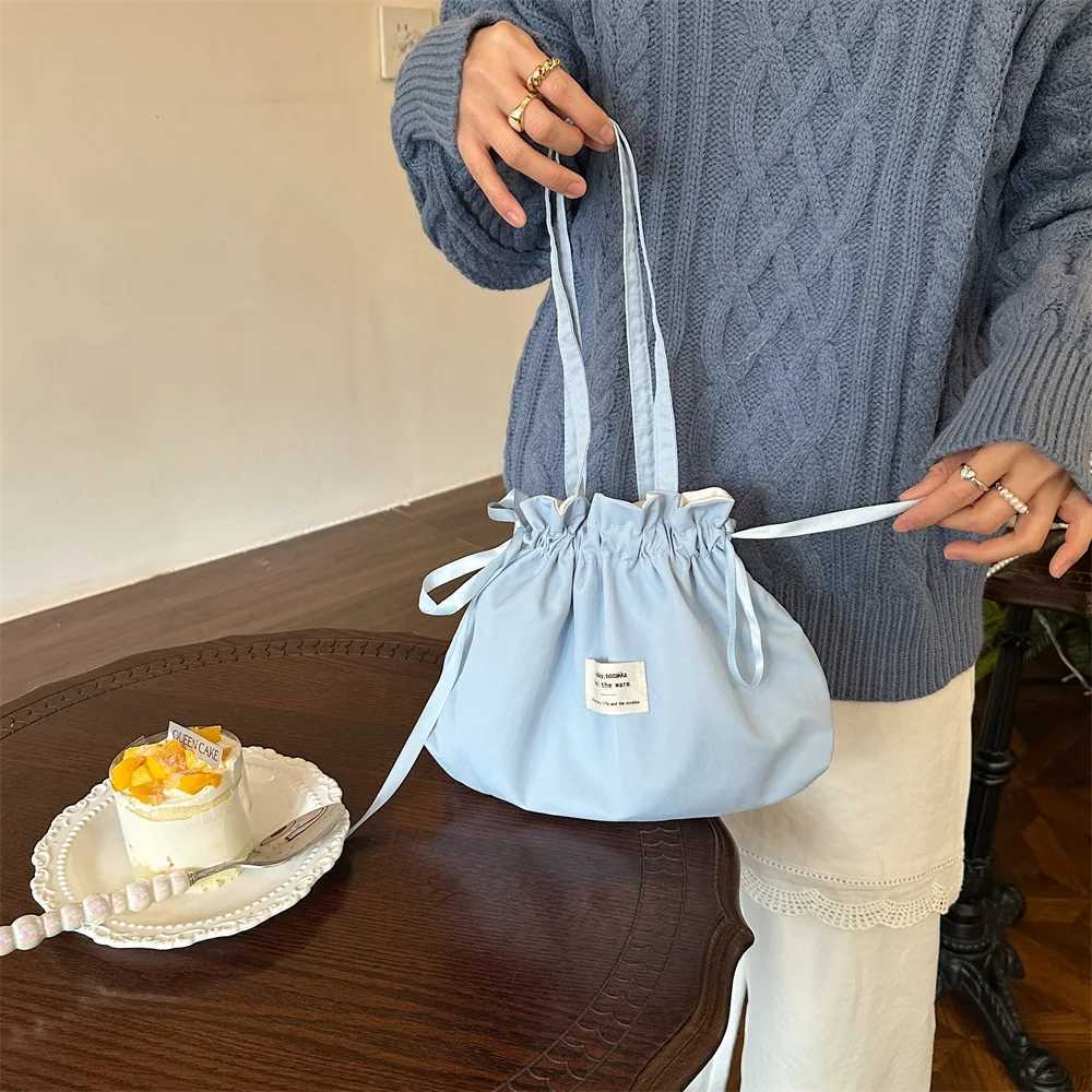 Solid Color Bow Ribbon Handbag Large Capacity Small Tote Bag Simple Shoulder Bag Handheld Bag Lightweight Drawstring Bag Casual W250527
