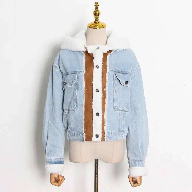 HKSH Trendy Lamb Wool 2024 Spring Autumn Winter New Women's Tide Splicing Personalized Single Breasted Short Denim Coat Hk3120