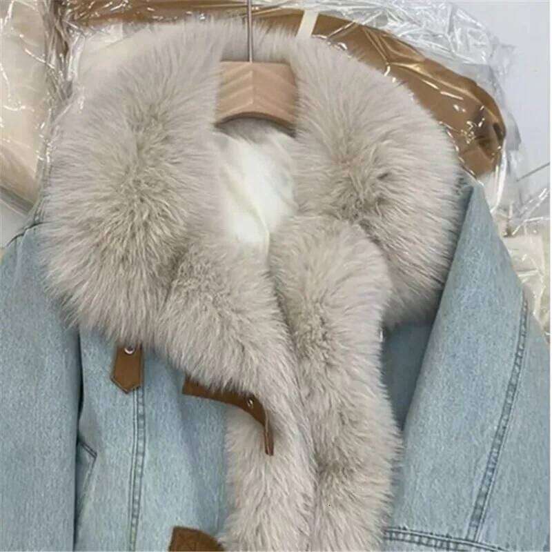 winter new Blue denim jacket women fur collar fashion Long sleeve padded jeans down warm fleece coat Female slim outerwear T785