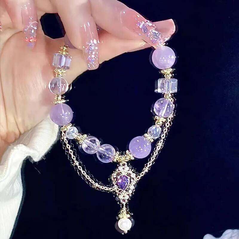 Light Purple Glass Crystal Beaded for Women Chic Butterfly Tassel Pendant Bracelets Sweet Girl Wrist Jewelry designer bag