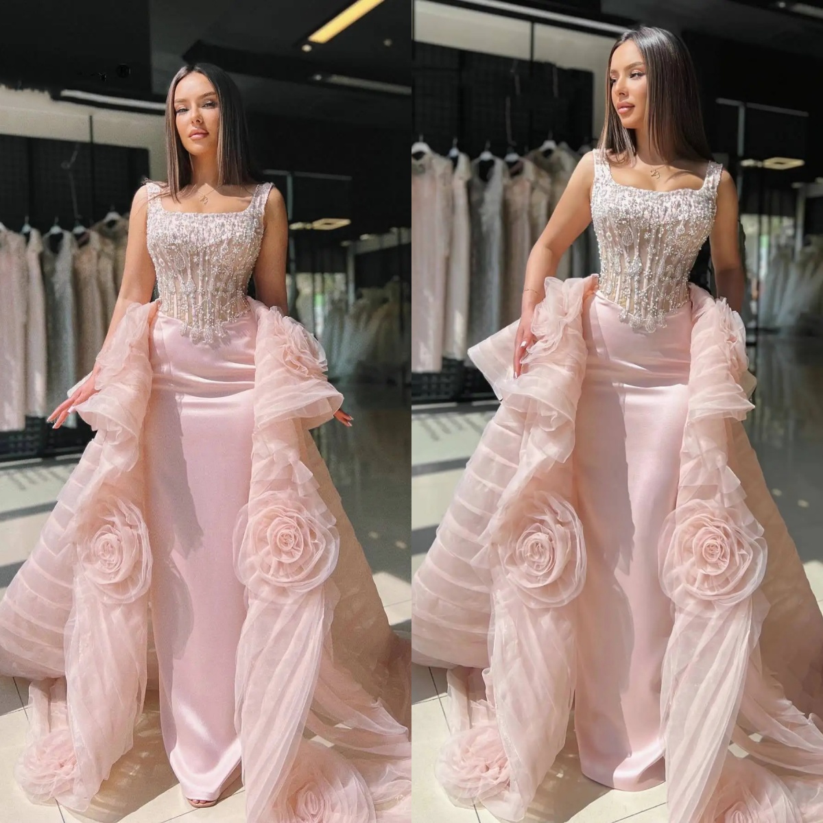 Designer Evening Dresses For Women Square Neck Sleeveless Gown Sequins Detachable Train Dress Party Customized Dress