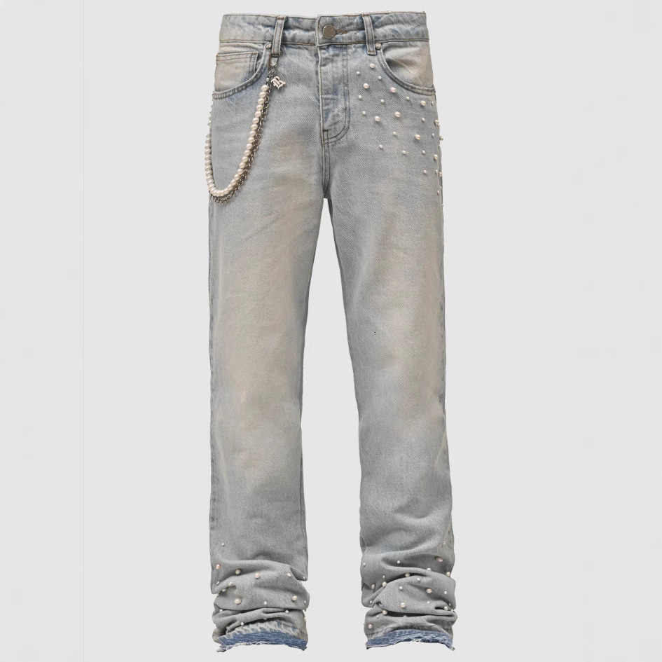New men's street fashion ins elastic diamond studded denim straight leg pants