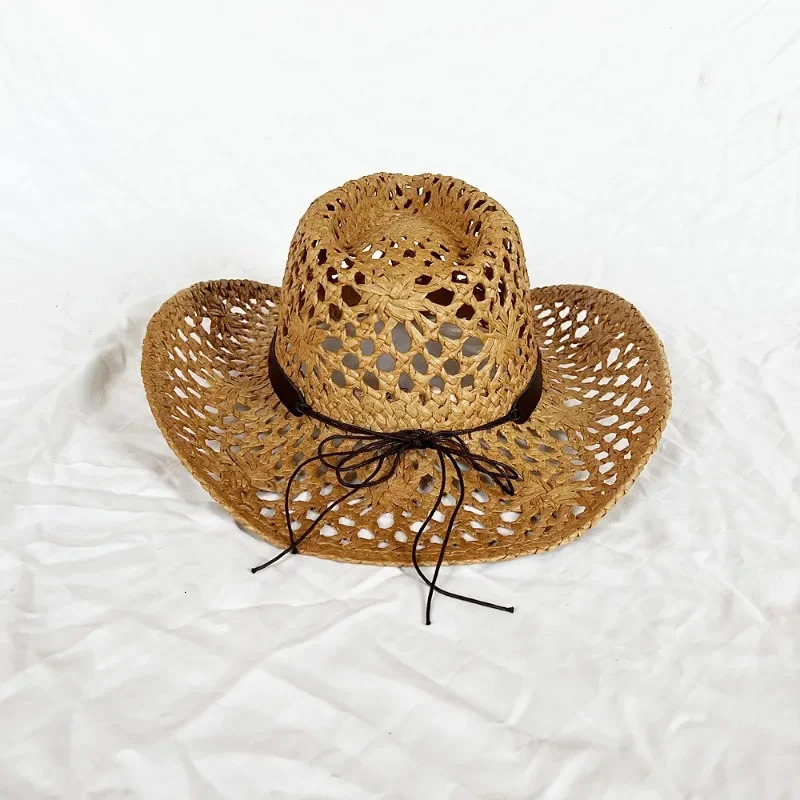 Summer Womens Mens Ethnic Style Western Cowboy Straw Hat Punk Style Handmade Hollow Sun Hat Rolled Edge Sunscreen Beach Cap 250526