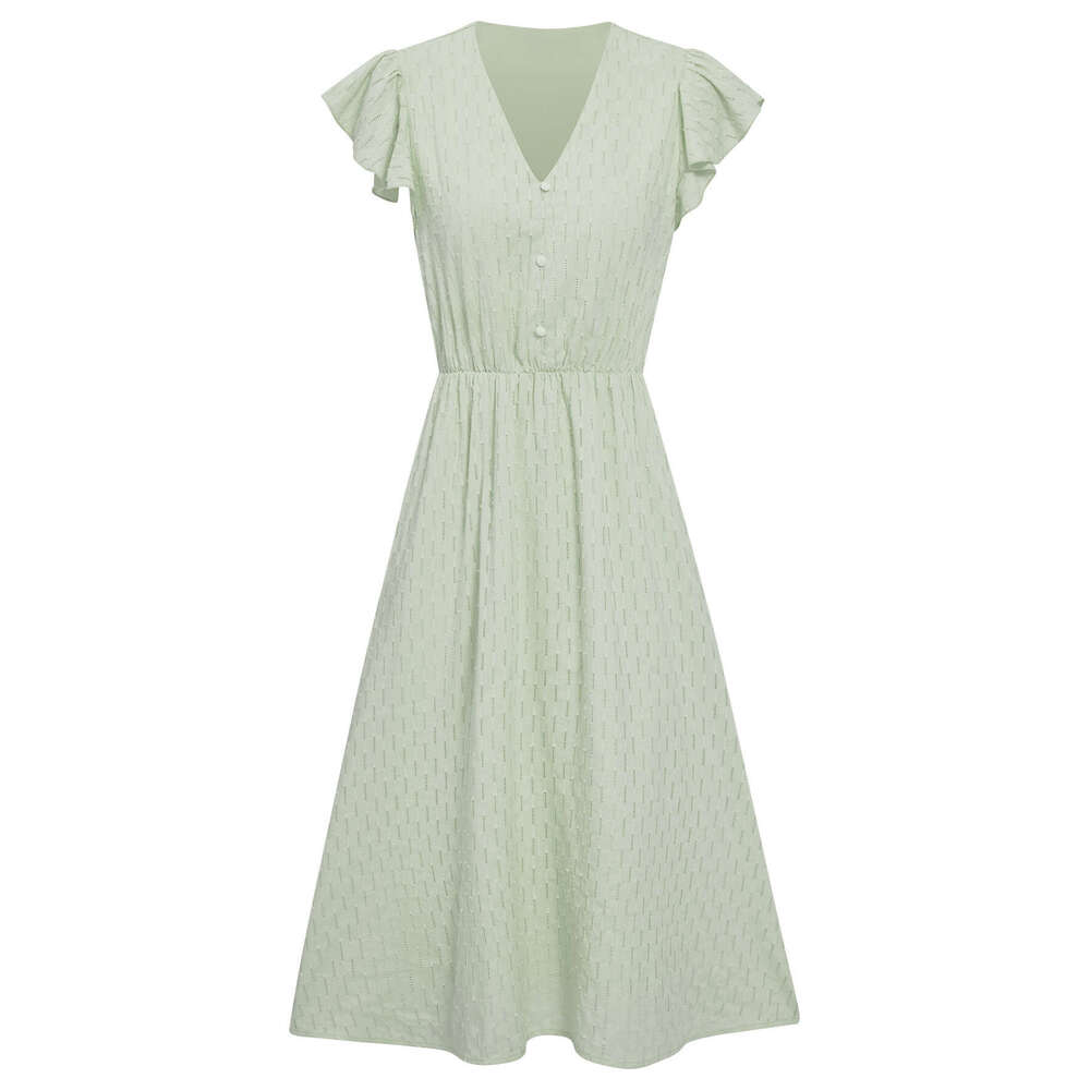 2025 Spring/Summer New Casual Solid Color V-neck Waist-cinching Fresh Style Women's Dress