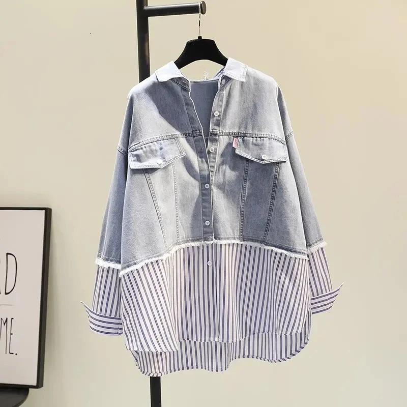 Blue Striped Denim Patchwork High Street Long Sleeve Polo-Neck Womens Blouse Shirt Korean Fashion Female Clothing Tops Spring 250523