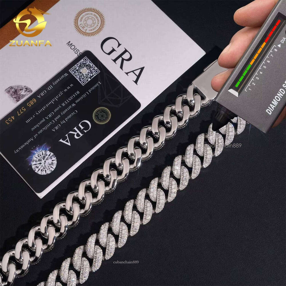 Iced Out Jewelry Hip Hop 3 Rows 18mm Width Sterling Sier VVS Moissanite Dia Miami Cuban Link Chain
