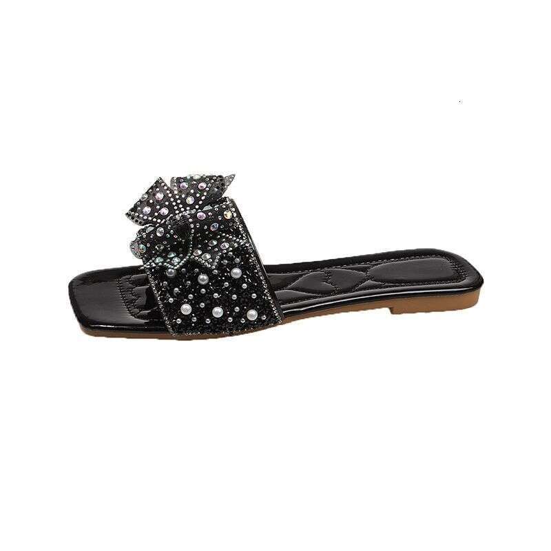 Crystal Bow Slippers For Women's Summer New Flat And Comfortable Sandals Wearing Rhinestone Sandals For Outerwear High-quality Designer Sandals F