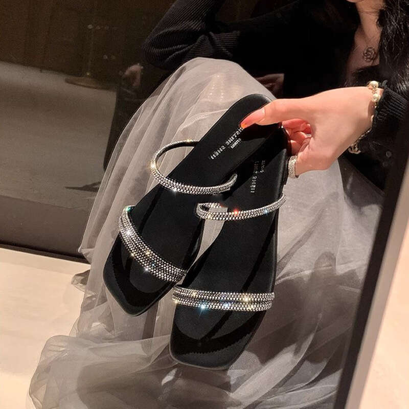Su Yinyin Same Style ~ Silver Star Sparkling Square Toe Rhinestone Strap Flat Sandals for Women Outdoor Summer Slippers