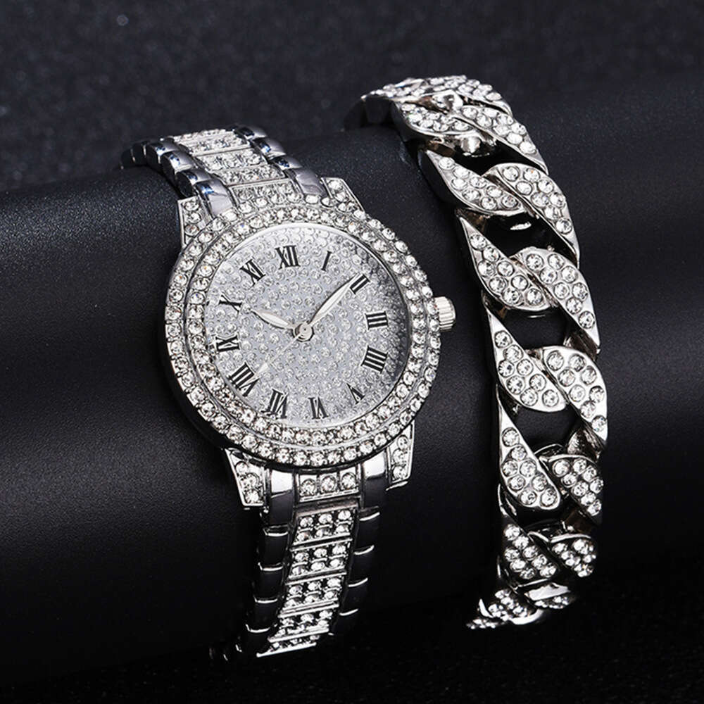 New Hip-Hop Full Diamond Fashion Business Men's Quartz Watch Bracelet Set with Inlaid Diamonds Chronograph