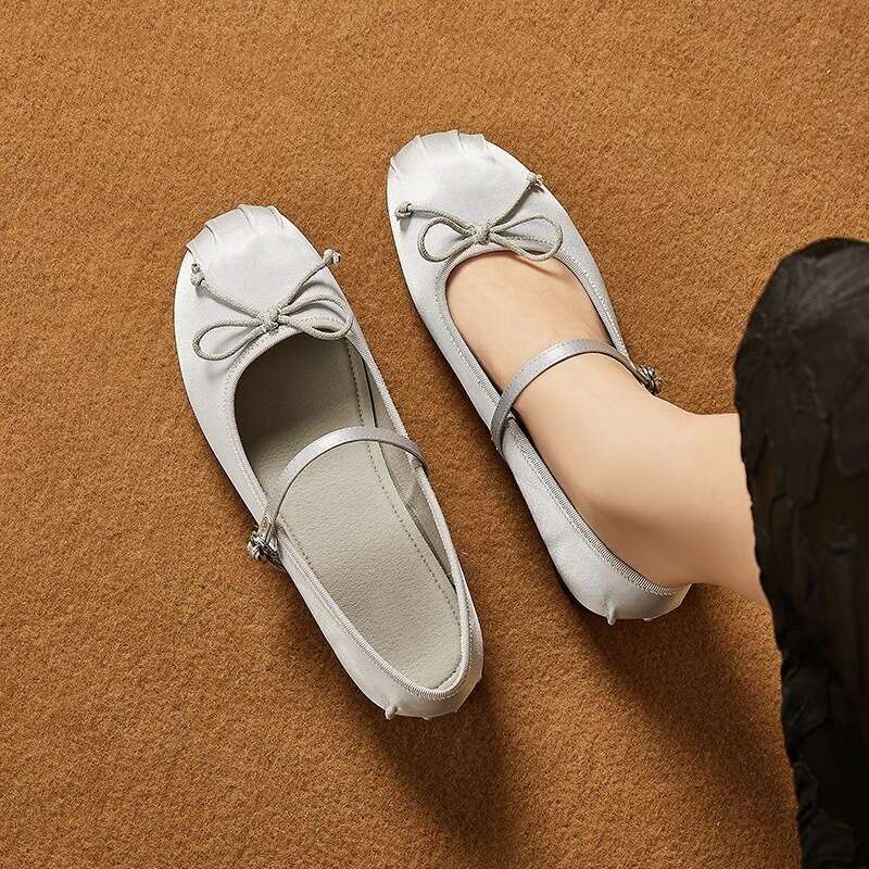 French Mary Jane for Women with Bowknot Fairy Style Slip-On Flat Ballet Genuine Leather Silver Single Shoes